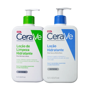 Fotografia do kit Cerave, com Loção de Limpeza e Loção Hidratante, utilizada para ilustrar artigo sobre rotina de skincare.