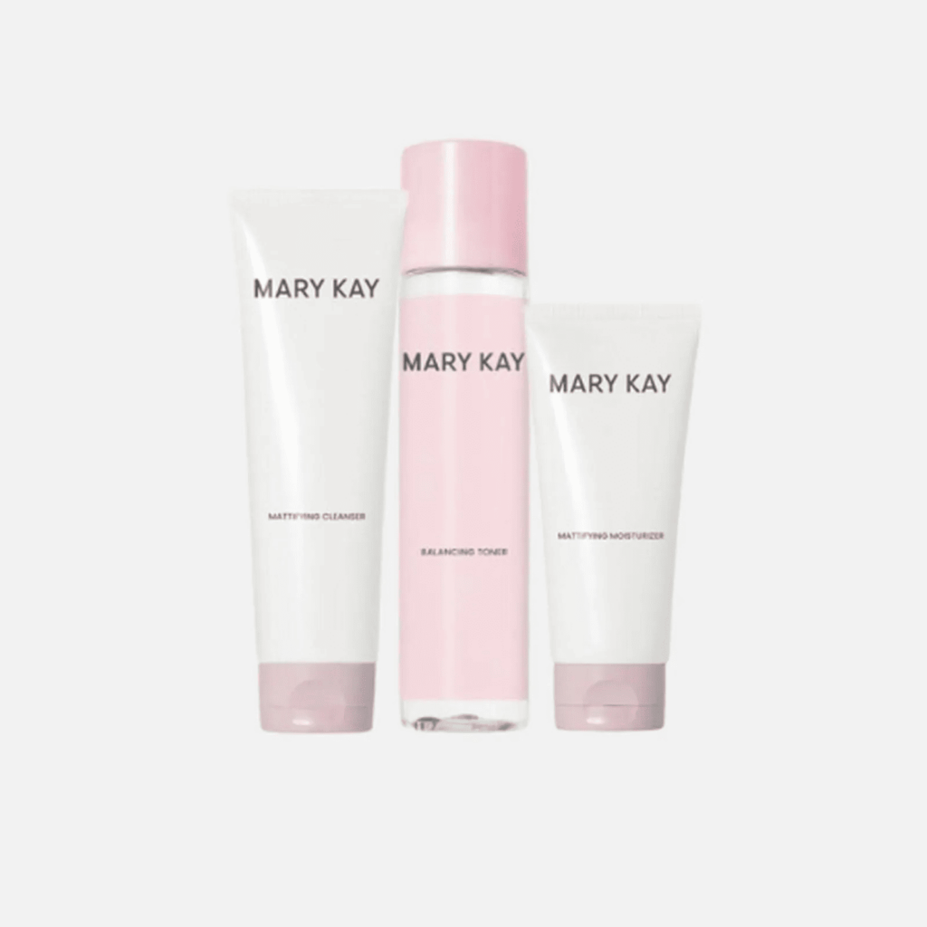 Fotografia do Kit Pele Matte Mary Kay, com três embalagens, utilizada para ilustrar artigo sobre rotina de skincare.