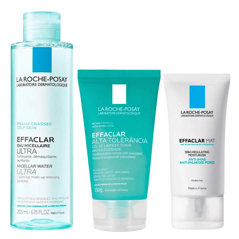 Fotografia do kit La Roche-Posay Effaclar, com 3 embalagens, utilizadas para ilustrar artigo sobre rotina de skincare.