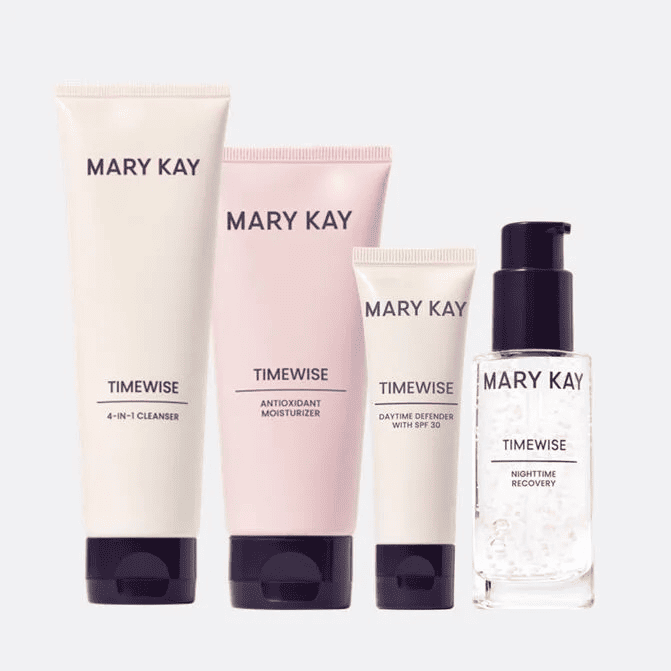 Fotografia do Kit Completo Timewise Mary Kay, com quatro embalagens, utilizadas para ilustrar artigo sobre rotina de skincare.