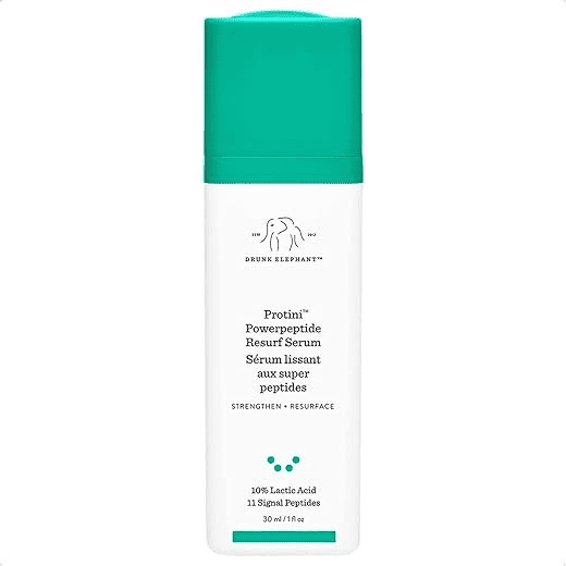 Fotografia da embalagem do Drunk Elephant Protini Powerpeptide Resurfacing Serum, utilizada para ilustrar artigo sobre melhor sérum firmador para o rosto.