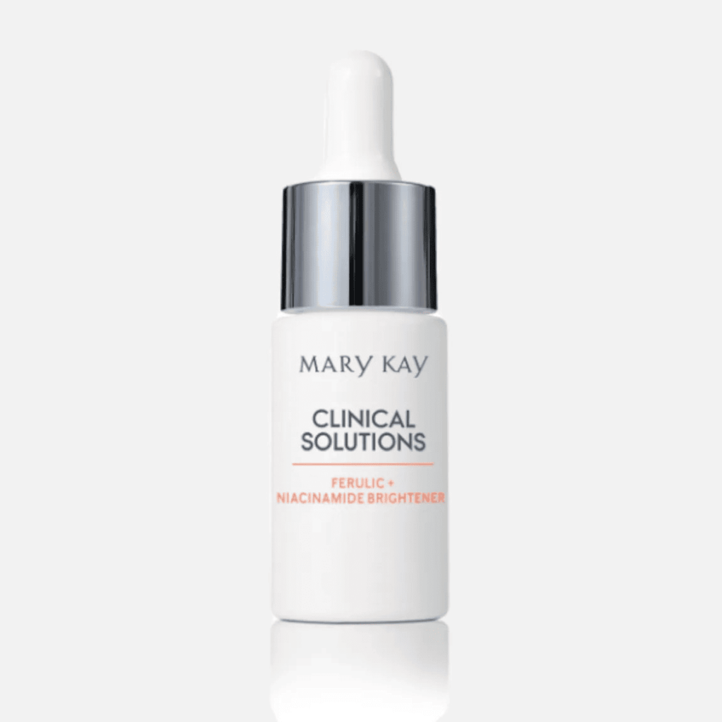 Fotografia da embalagem do sérum Mary Kay clinical Solutions, Ferulic + Niacinamice Brightener, utilizada pra ilustrar artigo sobre pra que serve o ácido ferúlico.