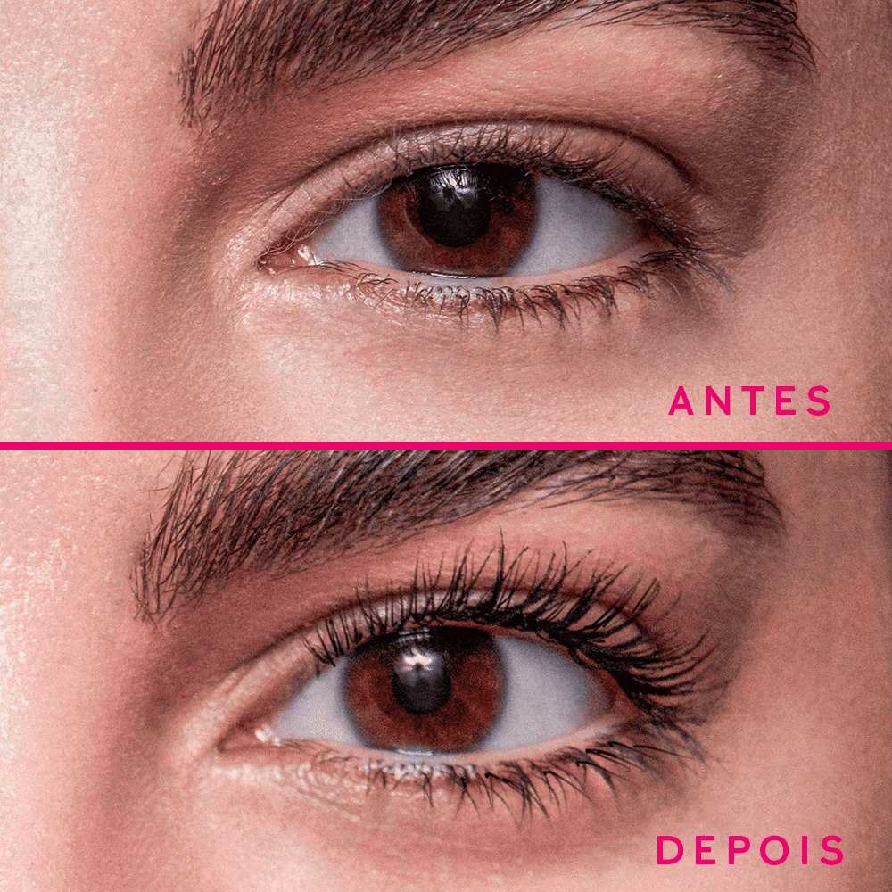 Fotografia do antes e depois da aplicação da máscara de cílios Mary Kay Ultimate Mascara.