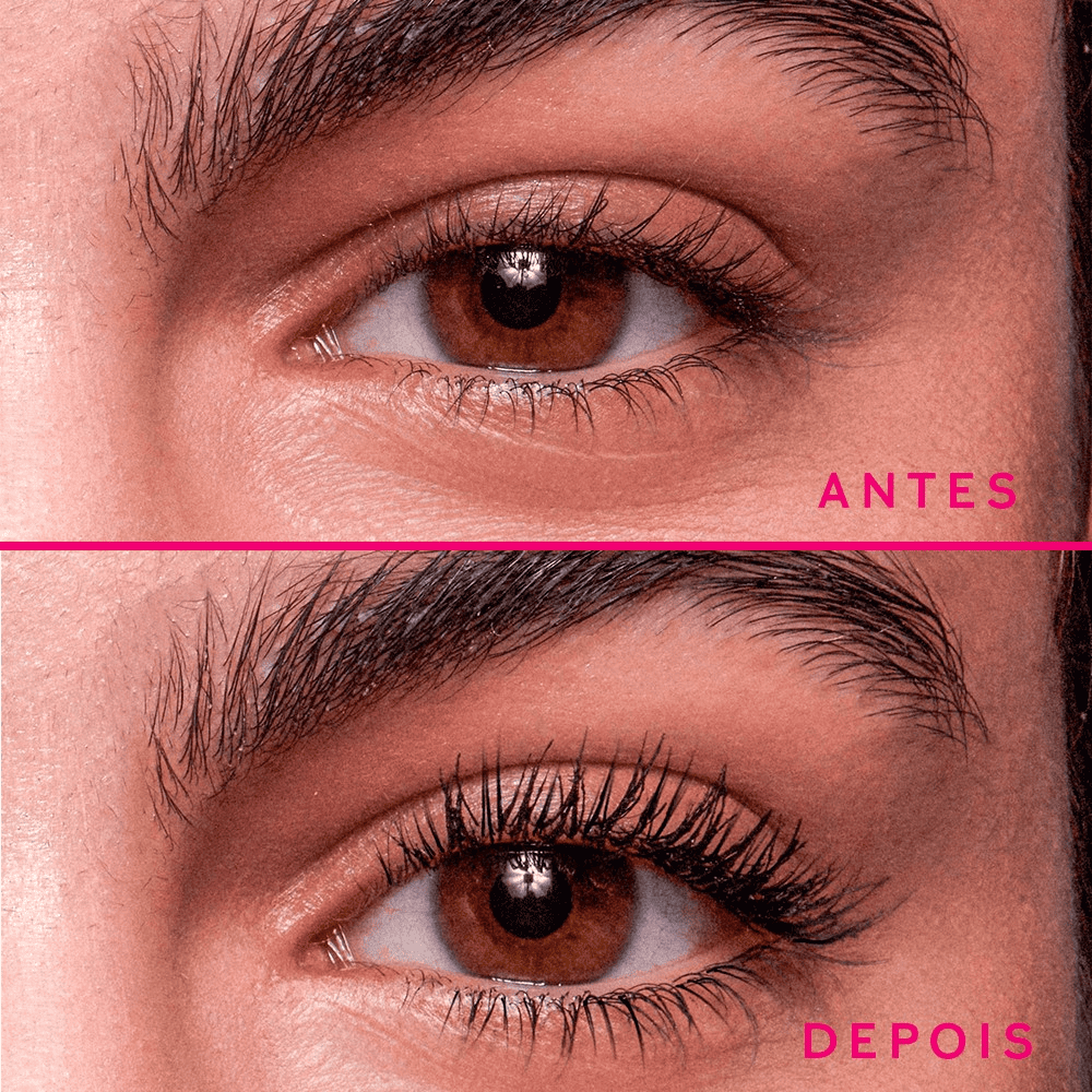 Fotografia de antes e depois, com o resultado da aplicação do rímel Mary Kay Lash Love Fenoroma.