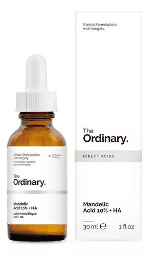 Fotografia da embalagem do produto The Ordinary Mandelic Acid 10% + HA, utilizada pra ilustrar artigo sobre ácidos para a pele.