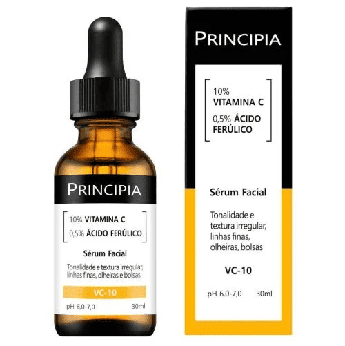 Fotografia da embalagem do produto Princípia VC 10, utilizada para ilustrar artigo sobre vitamina para pele.